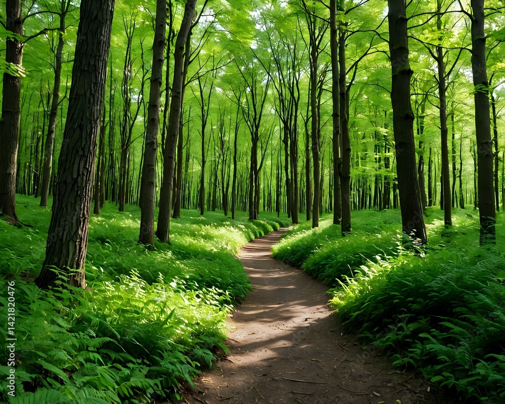Fototapeta premium Serene Forest Path Lush Green Canopy and Winding Trail