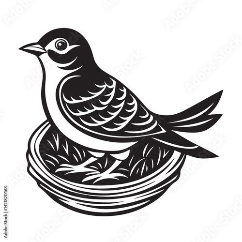 Bird sitting in nest silhouette line art vector illustration
