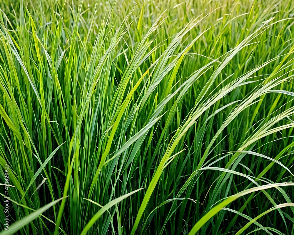 Vibrant Green Grass Blades Swaying Gently in the Breeze A Close-Up Nature Photograph Vibrant Green Grass Blades Swaying Gently in the Breeze A Close-Up Nature Photograph