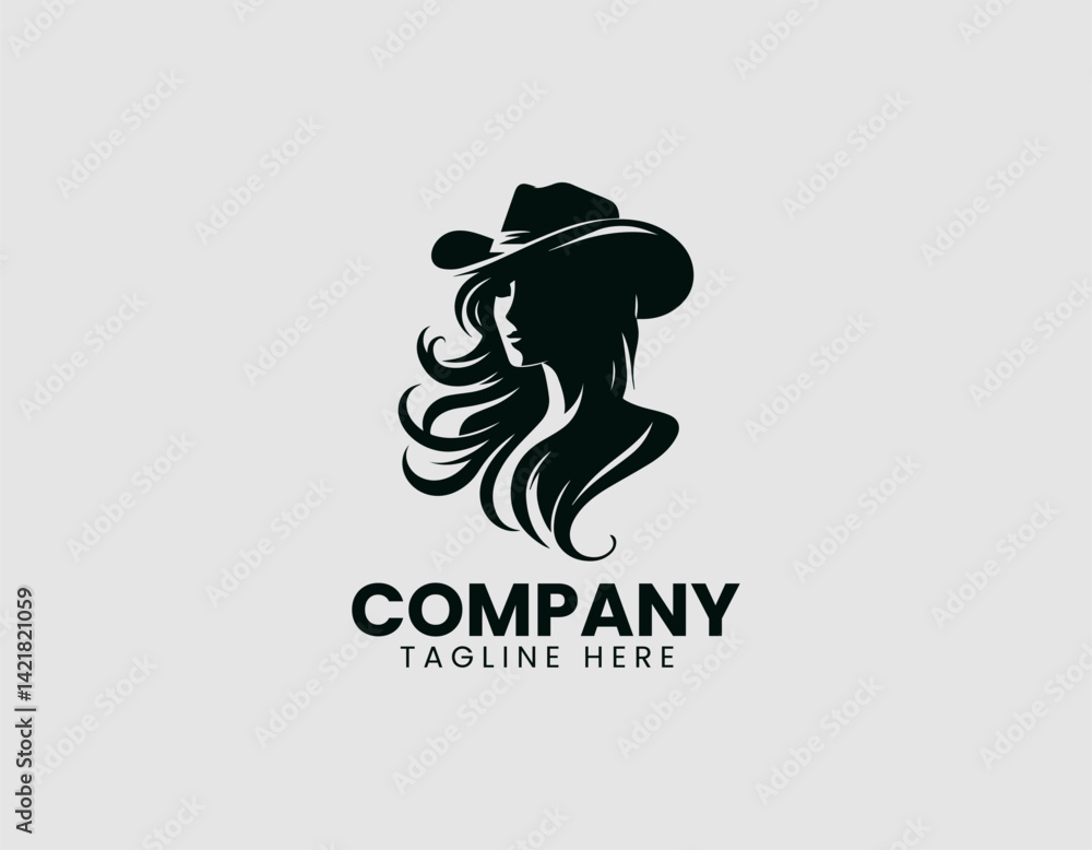 Obraz premium Stylish Cowboy Flowing Hair Wide Brim Hat Vector Logo