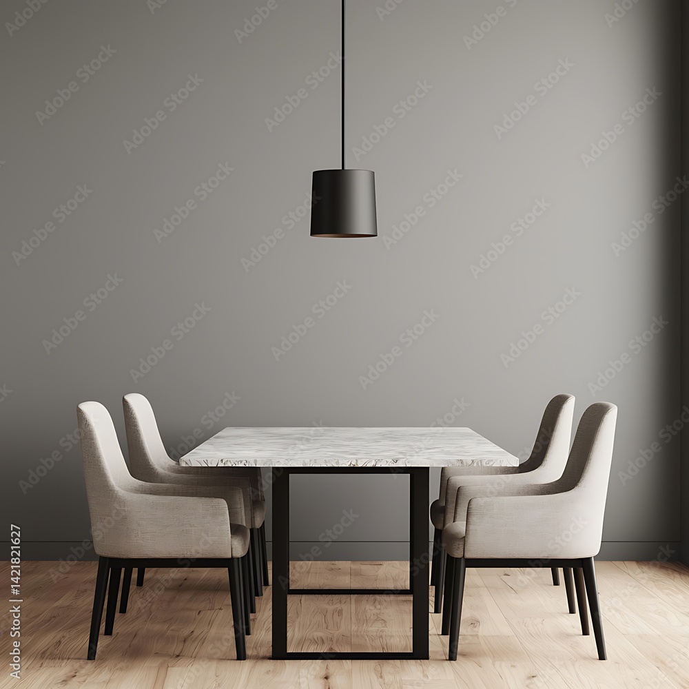 Minimalist Dining Room Interior with Marble Tabletop and Cozy Chairs under a Modern Pendant Light Fixture.