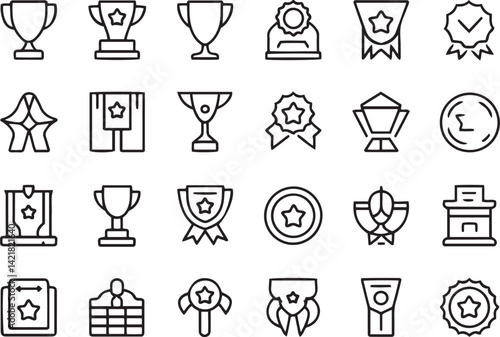 Trophy and achievement-themed black line icons featuring medals, podiums, winners, and badges of success perfect for rewarding users in apps or websites