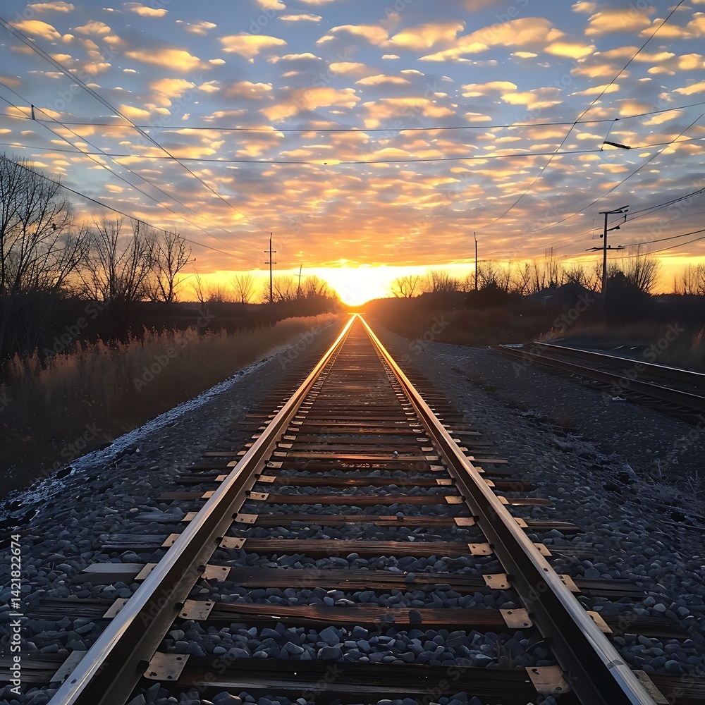 Fototapeta premium Straight railway tracks leading towards a dramatic sunset with textured clouds. Perspective view symbolizing journey, travel, future, or direction. 