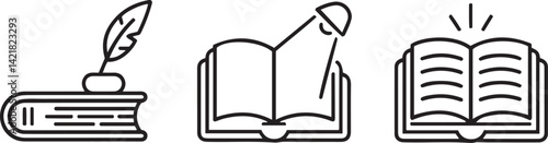 Minimalist reading and book-themed outline icons arranged in a clean style showing textbooks, open pages, and reading content perfect for academic materials