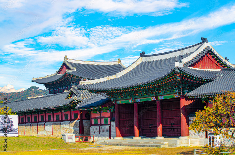 Gyeongbokgung Palace in sky clouds clear day. Seoul, South Korea. Gyeongbokgung Palace in sky clouds clear day. Seoul, South Korea.