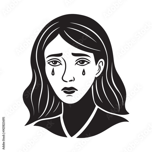Woman crying side profile black and white vector illustration