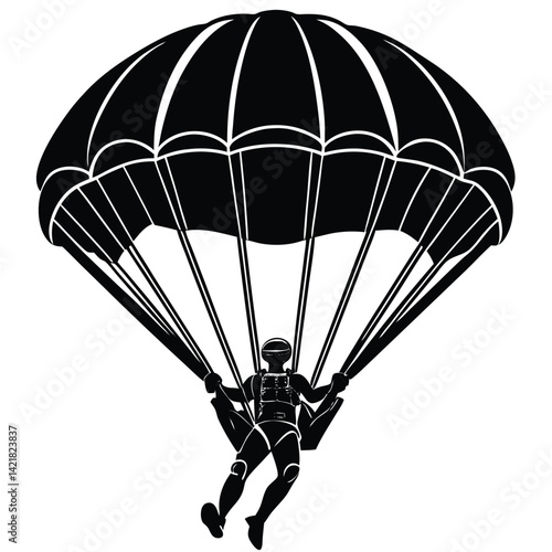 Black and White Parachute Jumper Vector Illustration: Skydiving, Extreme Sport, Silhouette Graphic, Parachuting Adventure Icon