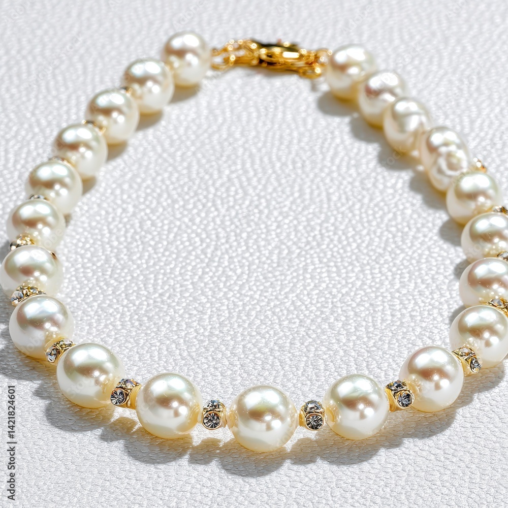 Fototapeta premium Elegant Pearl Bracelet with Crystals and Gold Clasp on White Background