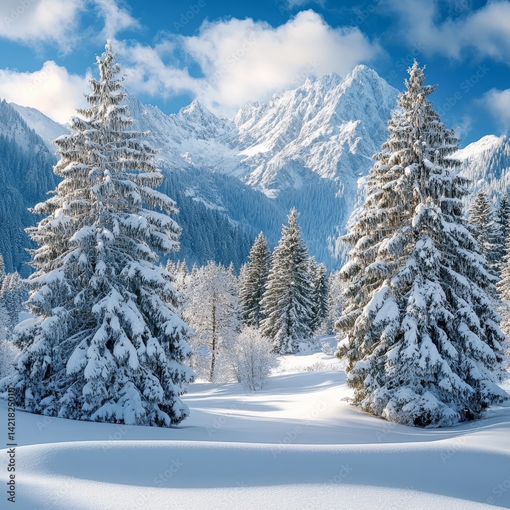 Mountain landscape with snowy firs. Mountain landscape with snowy firs.