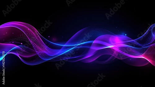 Abstract background with neon purple and blue wavy lines, glowing effect.