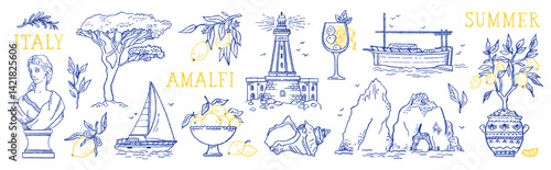 Summer lemon beach in Italy. Amalfi, Italian sea coast hand drawn icons. Coastal watercolor bg. Summer sea vacation. Vintage boat, mediterranean coast, lemon cocktail. Doodle Amalfi Italy beach vector