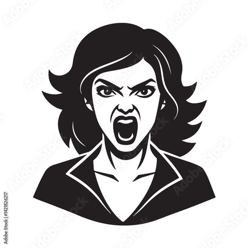 Side view of angry woman icon black and white vector illustration