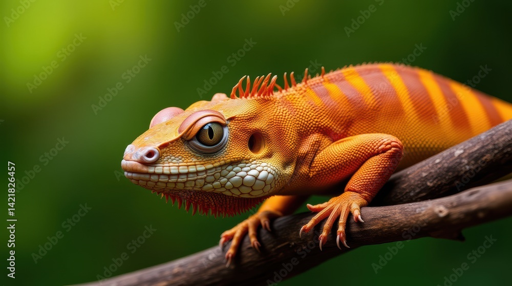 Obraz premium Vibrant Orange and Yellow Gecko Posing on a Branch Amidst Lush Greenery with a Vivid Background