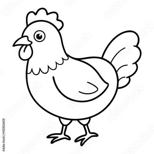 Cartoon chicken outline illustration for coloring books and educational materials depicting farm animals