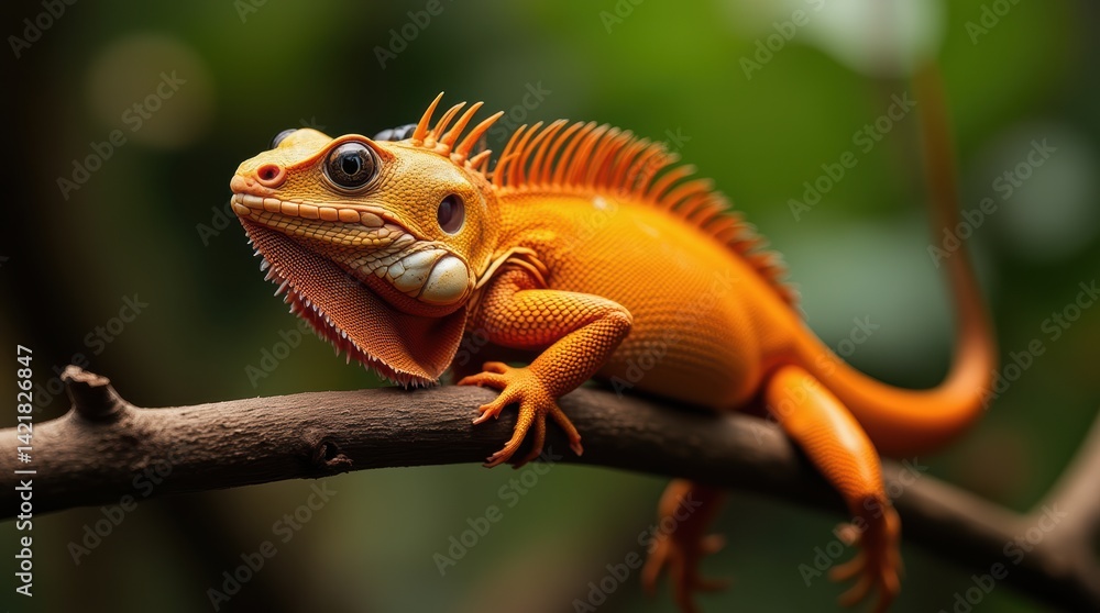 Obraz premium Vibrant Orange Iguana Displaying its Unique and Stunning Features on a Branch
