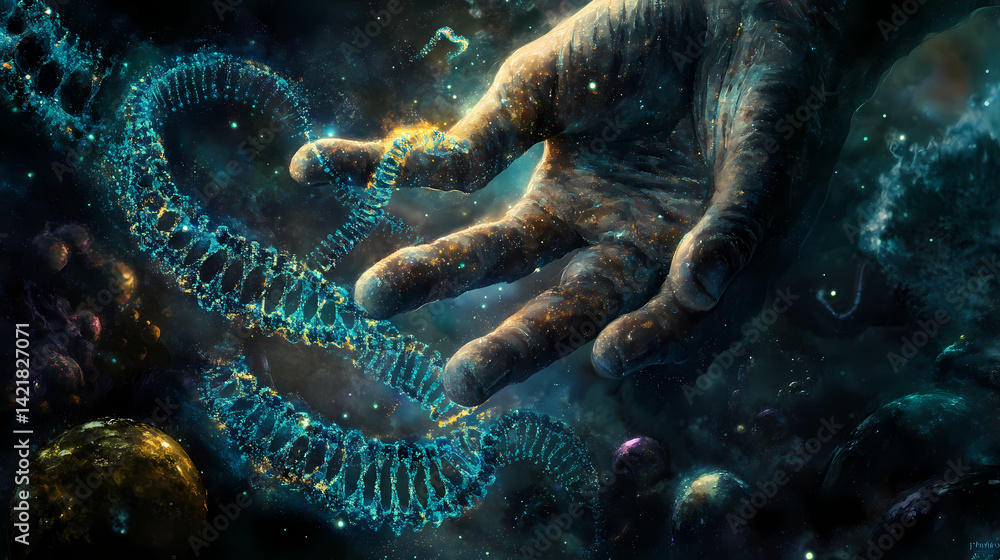 Quantum dreamweaver's fingers unraveling the fabric of reality, where each digital thread transforms into bioluminescent dna helixes that encode forgotten memories. Multiverse Threads. Illustration