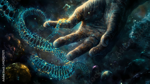 Obraz na płótnie Quantum dreamweaver's fingers unraveling the fabric of reality, where each digital thread transforms into bioluminescent dna helixes that encode forgotten memories. Multiverse Threads. Illustration w salonie