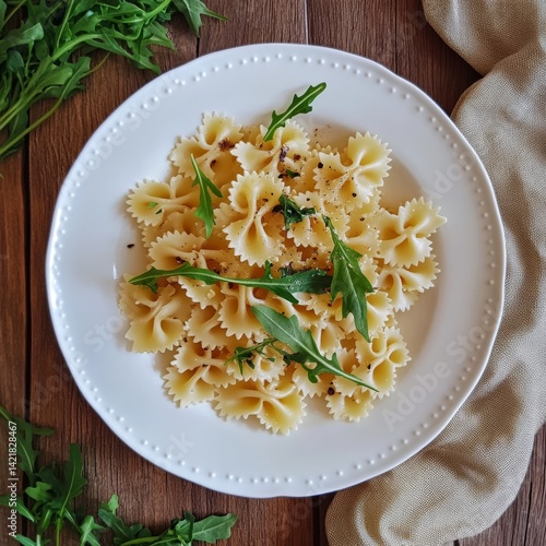 Pasta with arugula on white plate.