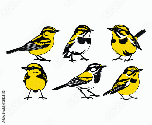 Silhouette Vector Template of Yellow Rumped Warbler Bird