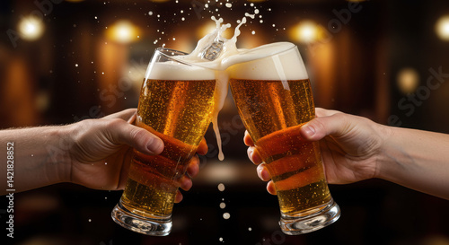 Two hands clinking beer glasses in celebration with frothy bubbles
