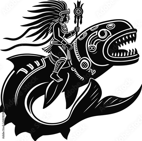 Leviathan Carrying Mayan Deity – Fantasy Ocean God Riding Mythical Sea Monster Illustration