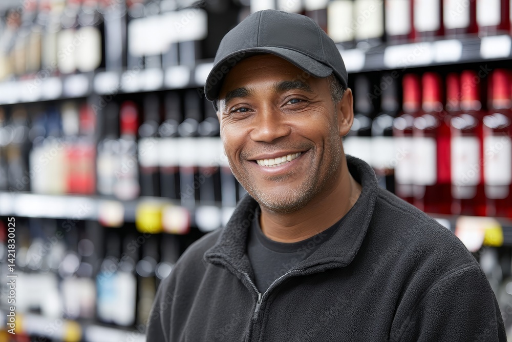 Happy Store Employee in Liquor Store - A friendly black man smiles warmly, standing in a liquor store aisle. He's wearing a black cap and jacket Happy Store Employee in Liquor Store - A friendly black man smiles warmly, standing in a liquor store aisle. He's wearing a black cap and jacket