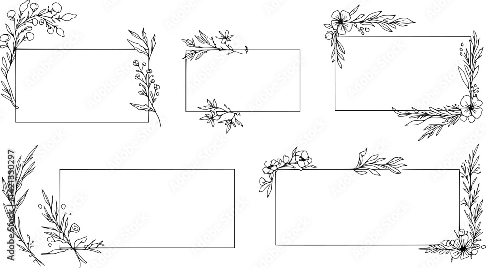 Obraz premium Collection of floral frames, borders and corners. Hand drawn botanical flowers elements in line art and silhouette style. Good for gift cards, invitations, menu, certificates and graphic design