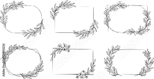 Collection of floral frames, borders and corners. Hand drawn botanical flowers elements in line art and silhouette style. Good for gift cards, invitations, menu, certificates and graphic design