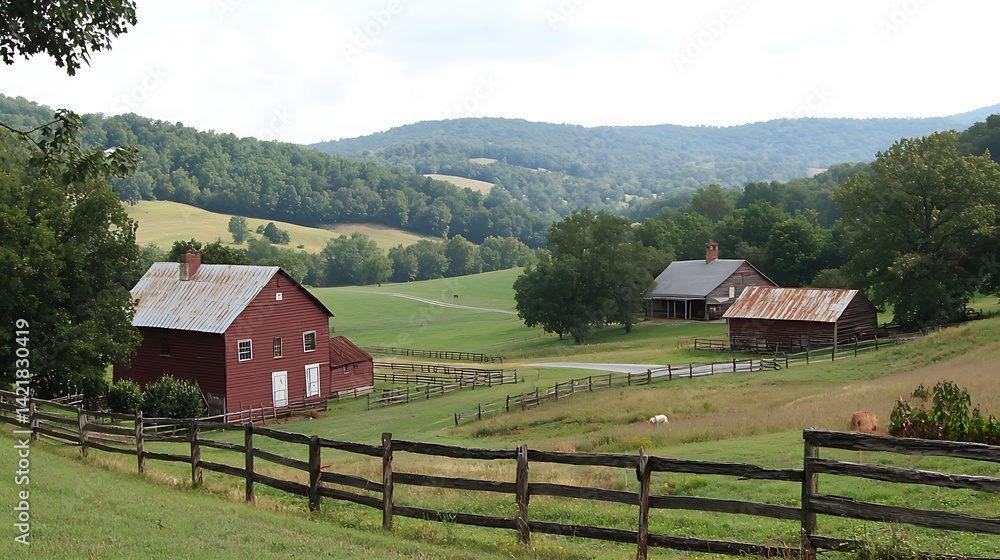 Rural landscape with red barn, farm buildings, and rolling hills. Rural landscape with red barn, farm buildings, and rolling hills.
