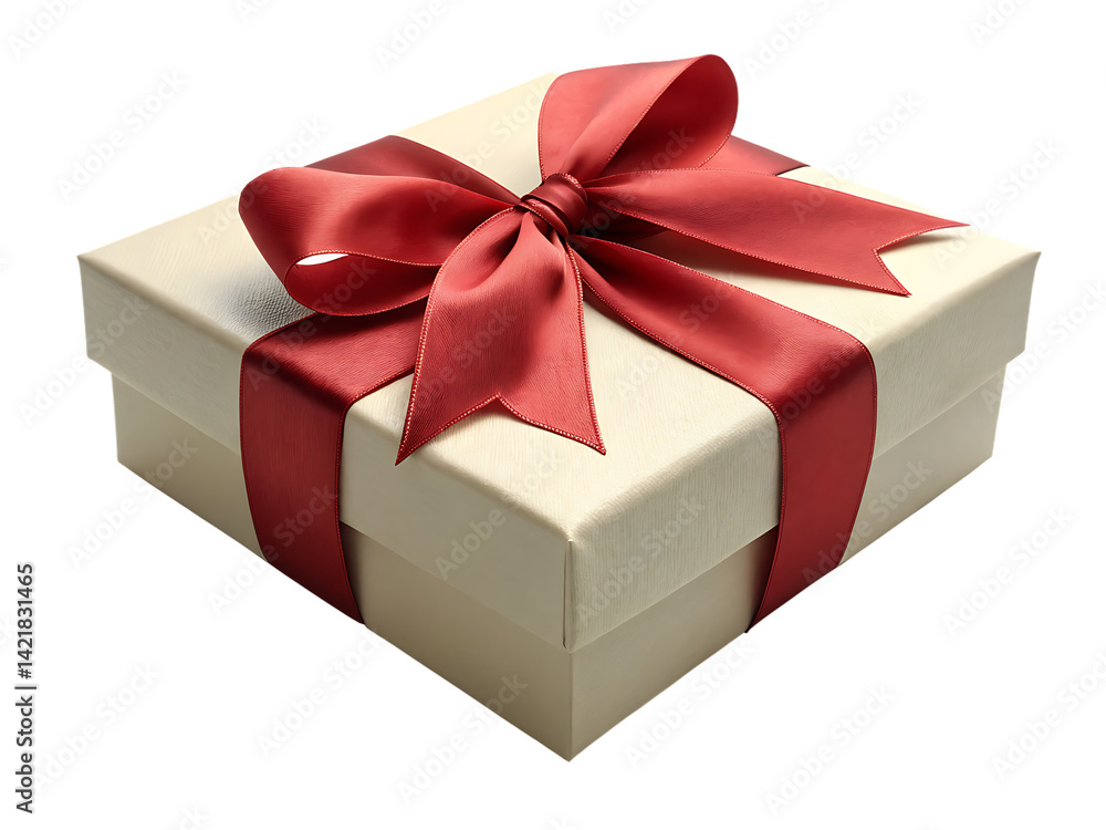 A square gift box with a red ribbon tied in a bow sitting on a black surface in a studio shot A square gift box with a red ribbon tied in a bow sitting on a black surface in a studio shot