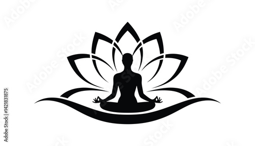 Yoga Pose Silhouette with Lotus Flower, Meditation Vector for Wellness and Spiritual Design