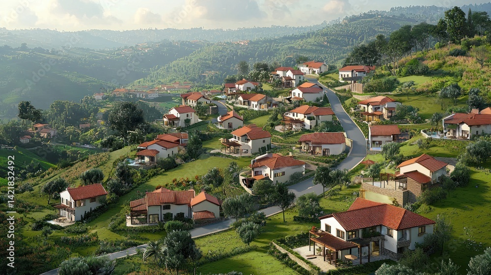 Fototapeta premium Hillside Haven: A Serene Village Nestled in Lush Greenery