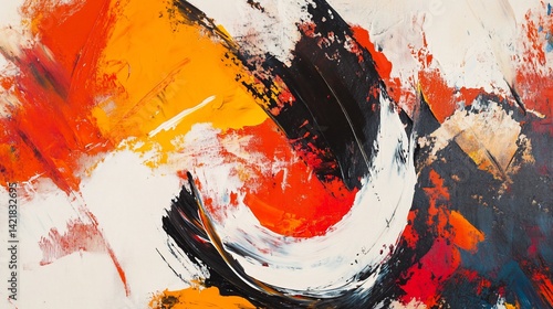 Dynamic Abstract Painting with Bold Strokes of Orange, Black and White