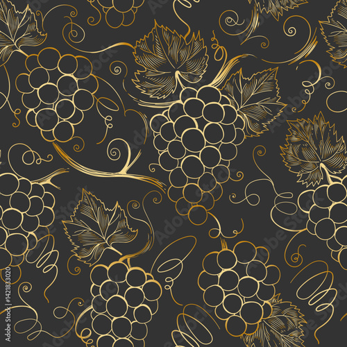 Golden grape branches seamless pattern