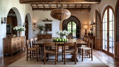 a rustic, Mediterranean-style dining room with a warm and inviting atmosphere. The layout features a large, rectangular wooden dining table at the center, surrounded by eight matching wooden chairs wi
