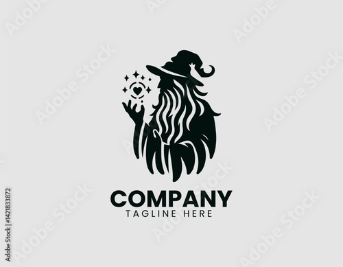 Mystical Old Witch Silhouette Long Beard Spell Stars Vector Logo Design
