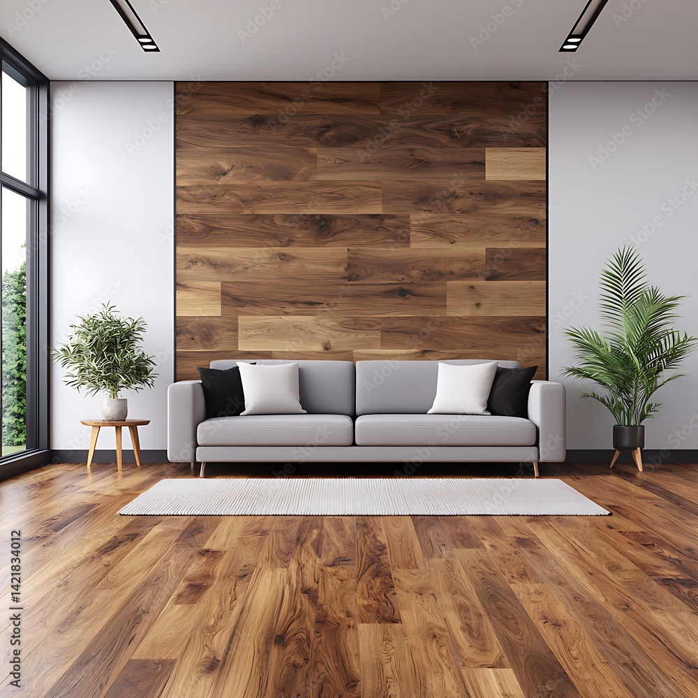 Modern Living Room Interior with Gray Sofa, Wooden Wall Panel, Hardwood Flooring, and Natural Light from Large Window.