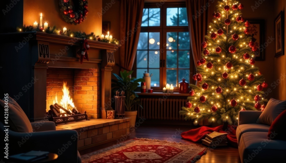 Cozy fireplace, decorated Christmas tree, warm glow, festive scene, green, peace Cozy fireplace, decorated Christmas tree, warm glow, festive scene, green, peace