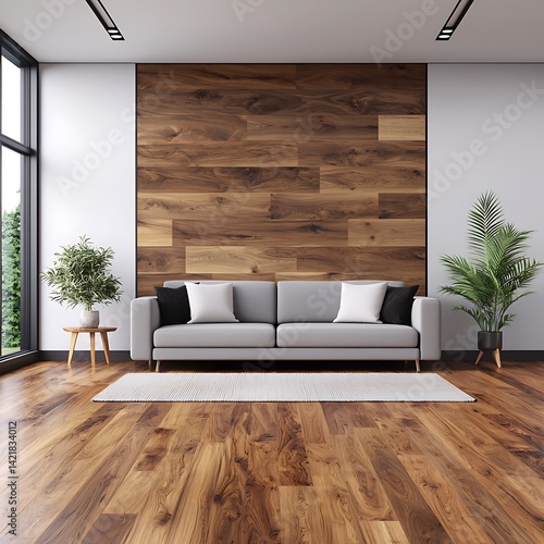Modern Living Room Interior with Gray Sofa, Wooden Wall Panel, Hardwood Flooring, and Natural Light from Large Window.