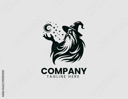 Mystical Old Witch Silhouette Long Beard Spell Stars Vector Logo Design