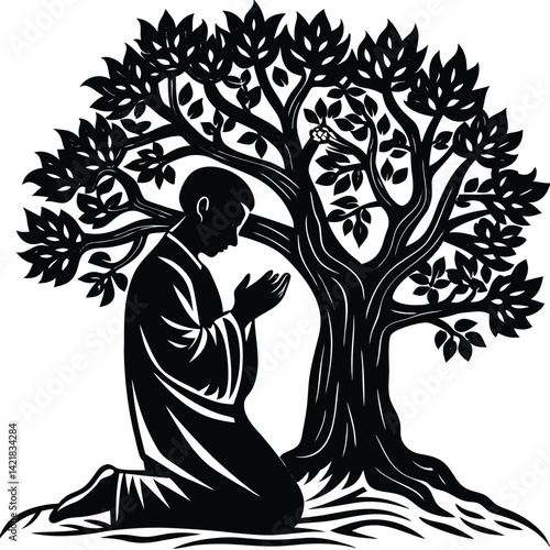Man Praying Under Tree Silhouette Vector Illustration: Religious Faith, Spirituality, Meditation, Nature Graphic Art Design
