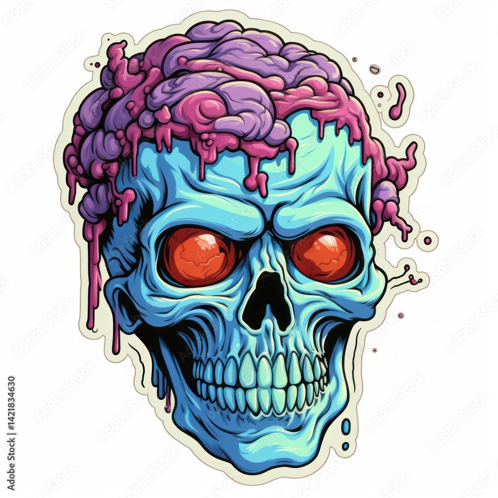 Fototapeta premium Zombie Sticker with blood on a white background. Halloween. Zombie Sticker isolated on white. Halloween Concept Sticker. Halloween Sticker. 2d illustration for your design.