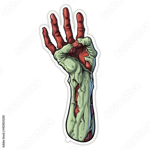 Zombie hand. 2d illustration. Isolated on white background. Zombie Mascot Sticker isolated on white. Halloween Concept Sticker. Halloween Sticker. 2d illustration for your design.