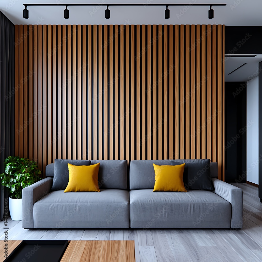 Modern Living Room Interior Design: Stylish Couch, Wood Accent Wall, and Plant for a Cozy Home Decor.