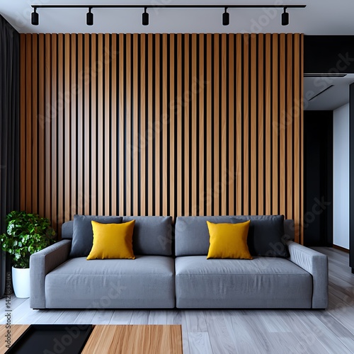 Obraz na płótnie Modern Living Room Interior Design: Stylish Couch, Wood Accent Wall, and Plant for a Cozy Home Decor. w salonie