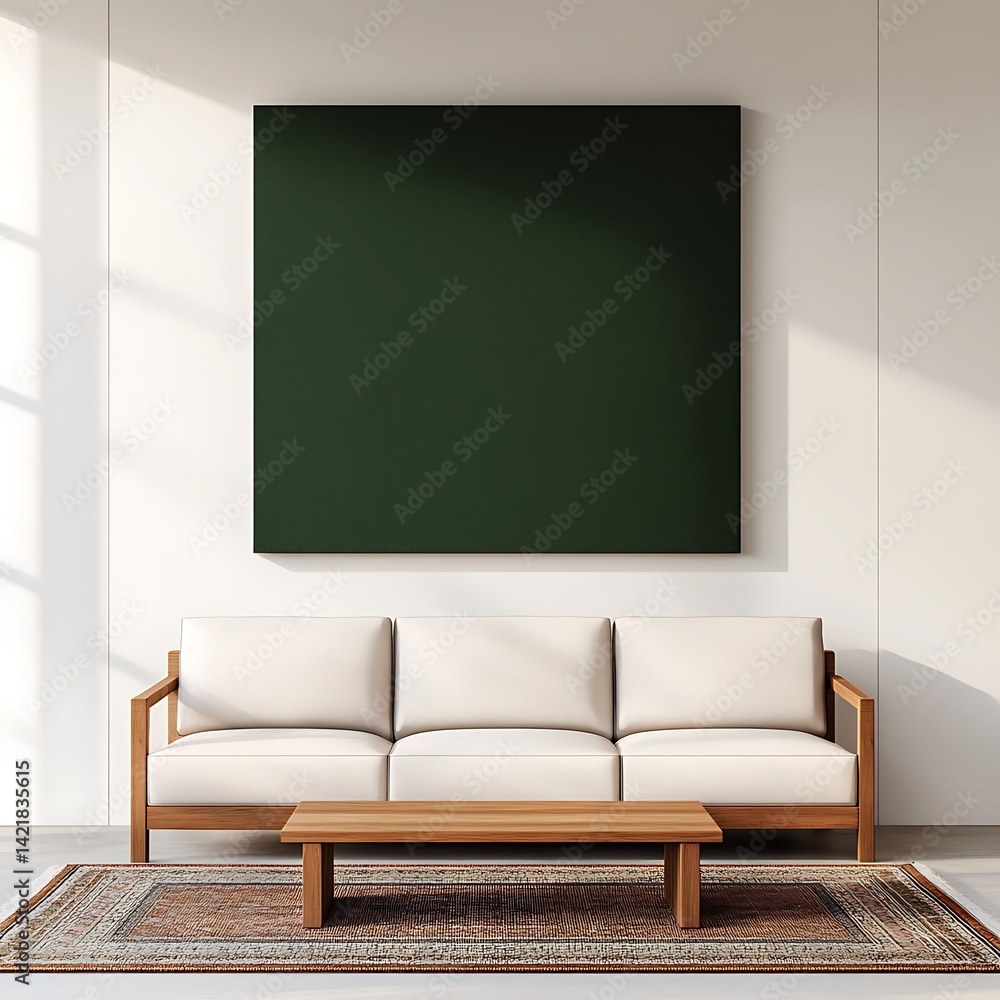 Minimalist Living Room Interior with Neutral Sofa, Wood Accents, and Modern Artwork for Relaxing Home Decor Inspiration.