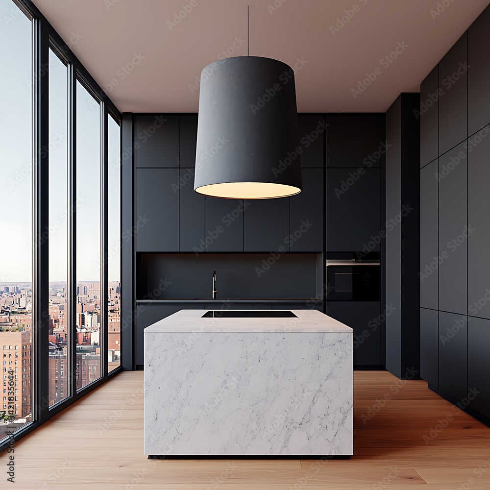 Modern Apartment Kitchen Interior Design with Marble Island, Dark Cabinetry, City Views, and Natural Light, Minimalist Style.