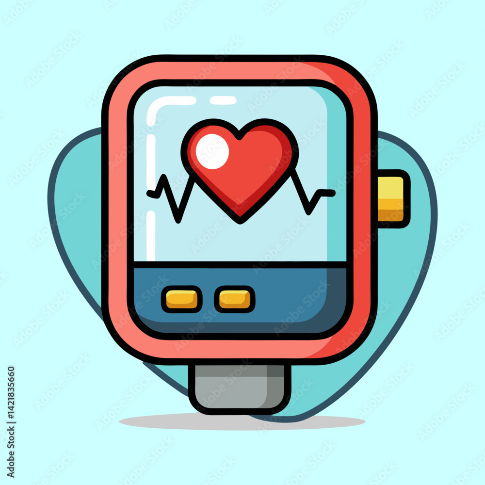 Stylized Cartoon Illustration of a Modern Smartwatch Displaying a Heart Rate Stylized Cartoon Illustration of a Modern Smartwatch Displaying a Heart Rate