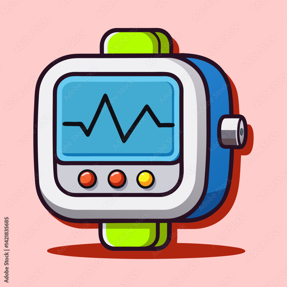 Stylized illustration of a modern smartwatch displaying a heartbeat monitor graph and buttons Stylized illustration of a modern smartwatch displaying a heartbeat monitor graph and buttons