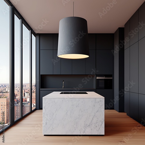 Obraz na płótnie Modern Apartment Kitchen Interior Design with Marble Island, Dark Cabinetry, City Views, and Natural Light, Minimalist Style. w salonie